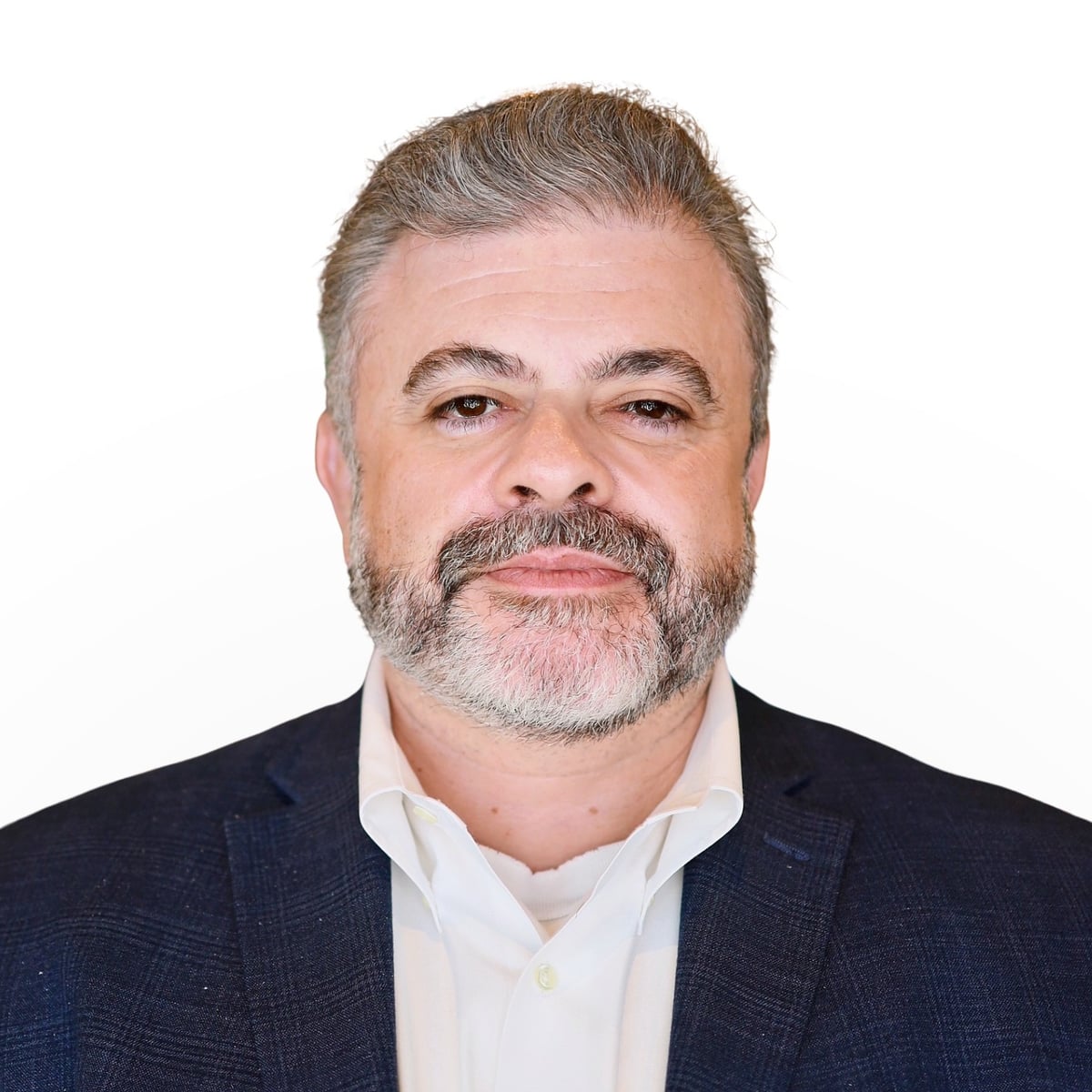 Passport photo of a bearded man in a navy jacket, neutral expression, no glasses, on a plain white background